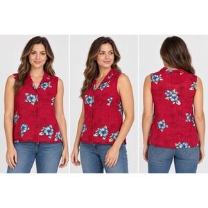 Caribbean Joe Women's Large Red Hibiscus Hawaiin Sleeveless Rayon Shirt Beach